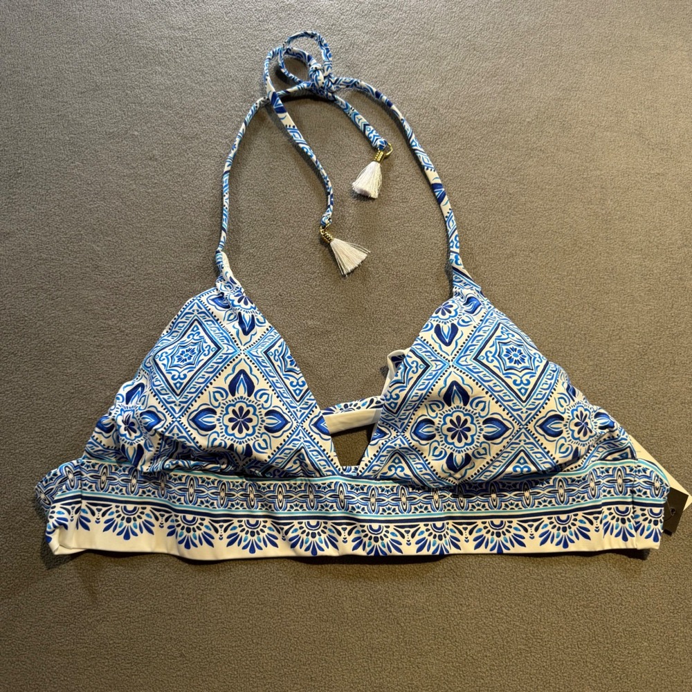 La Blanca Blue White Tile Print Tassel Halter Triangle Bikini Top Womens 14 NEW